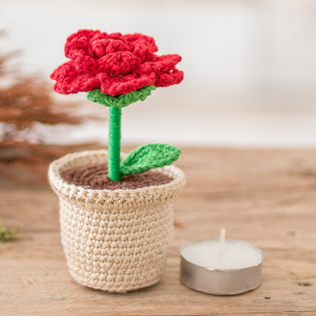 Crocheted Cotton Red Rose in Planter Decorative Accent - Romantic Rose