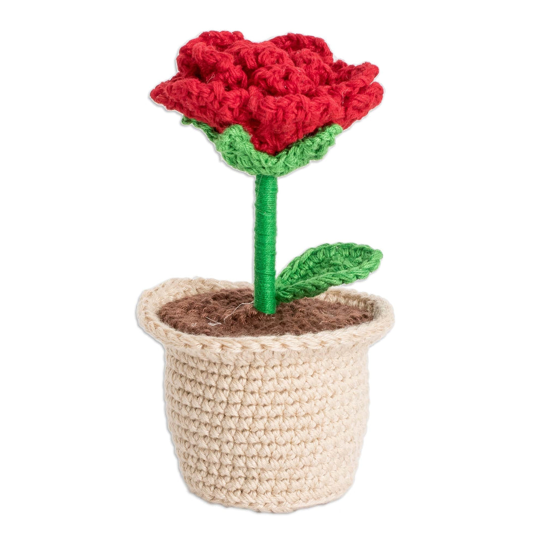 Crocheted Cotton Red Rose in Planter Decorative Accent - Romantic Rose