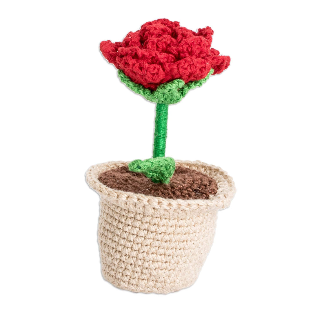 Crocheted Cotton Red Rose in Planter Decorative Accent - Romantic Rose