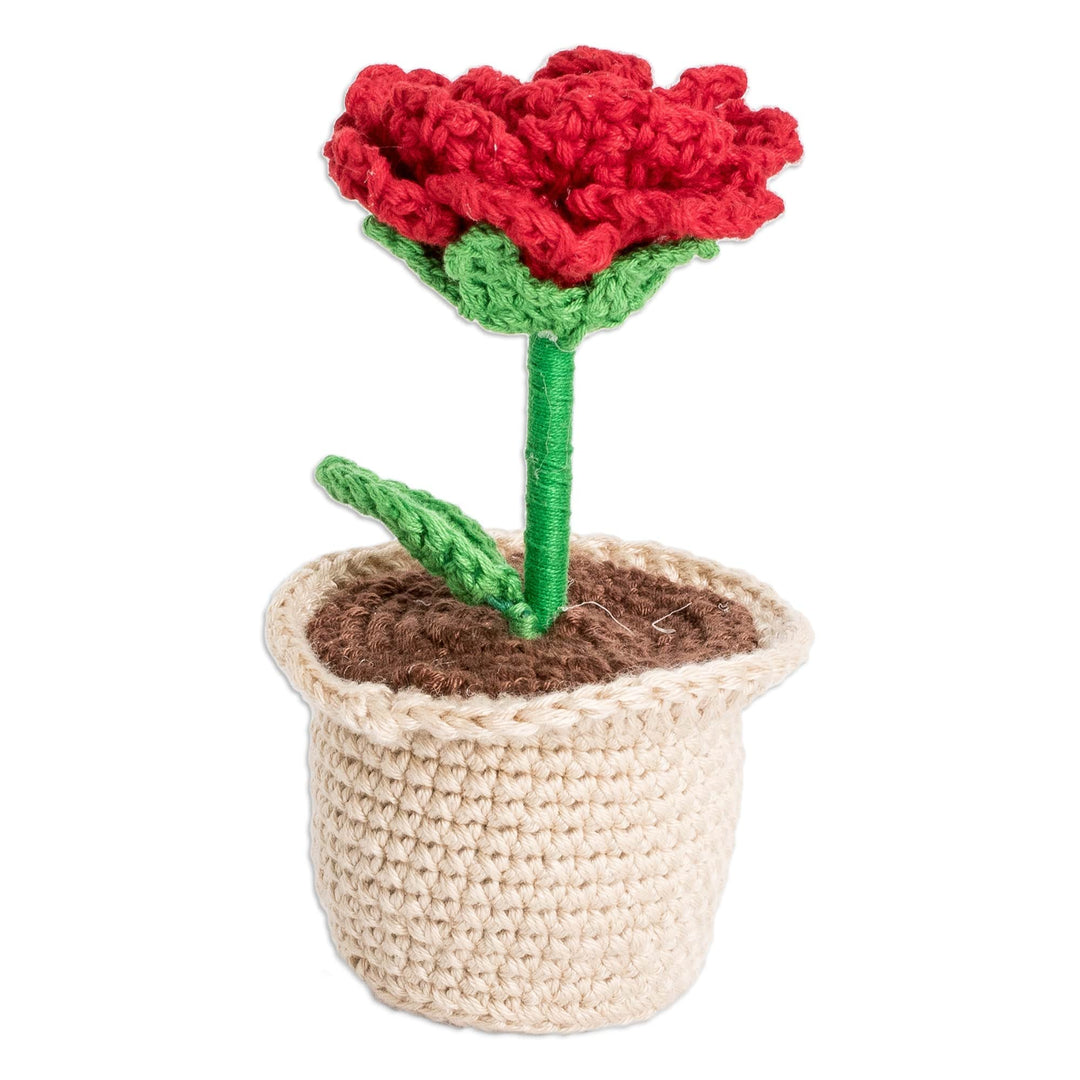 Crocheted Cotton Red Rose in Planter Decorative Accent - Romantic Rose