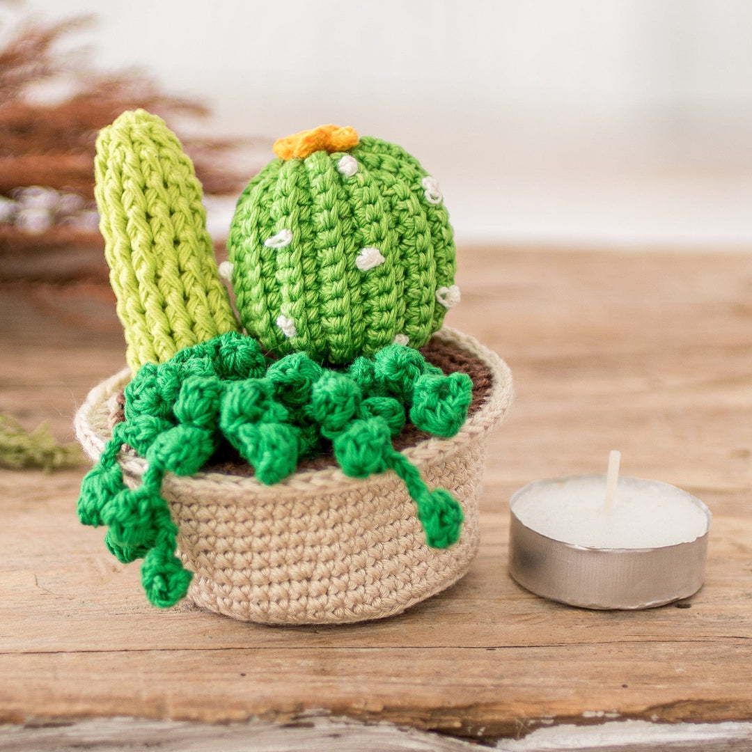 Crocheted Cotton Cacti in Planter Decorative Accent - Cactus Passion