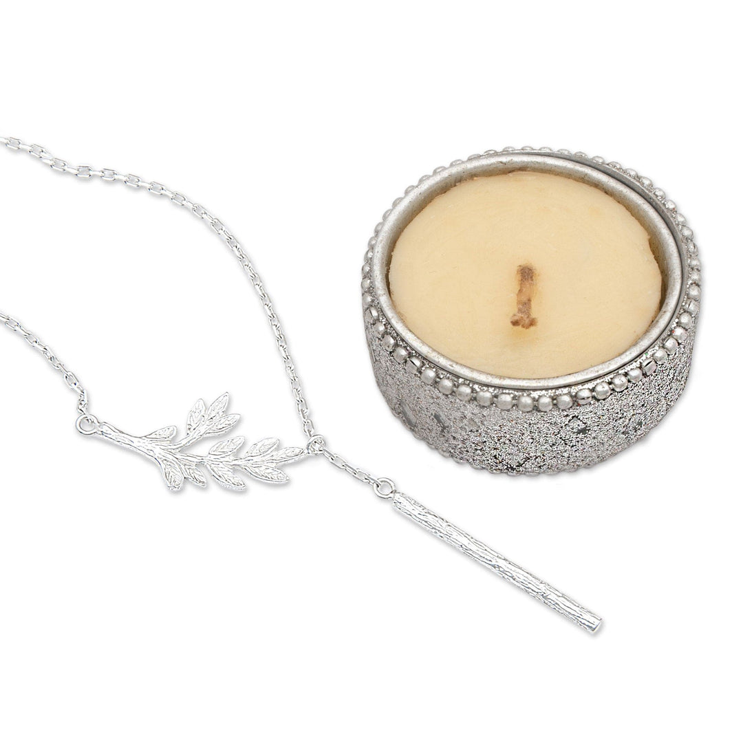 Nature-Themed Sterling Silver Pendant Y Necklace from Bali - Leaf of Divinity