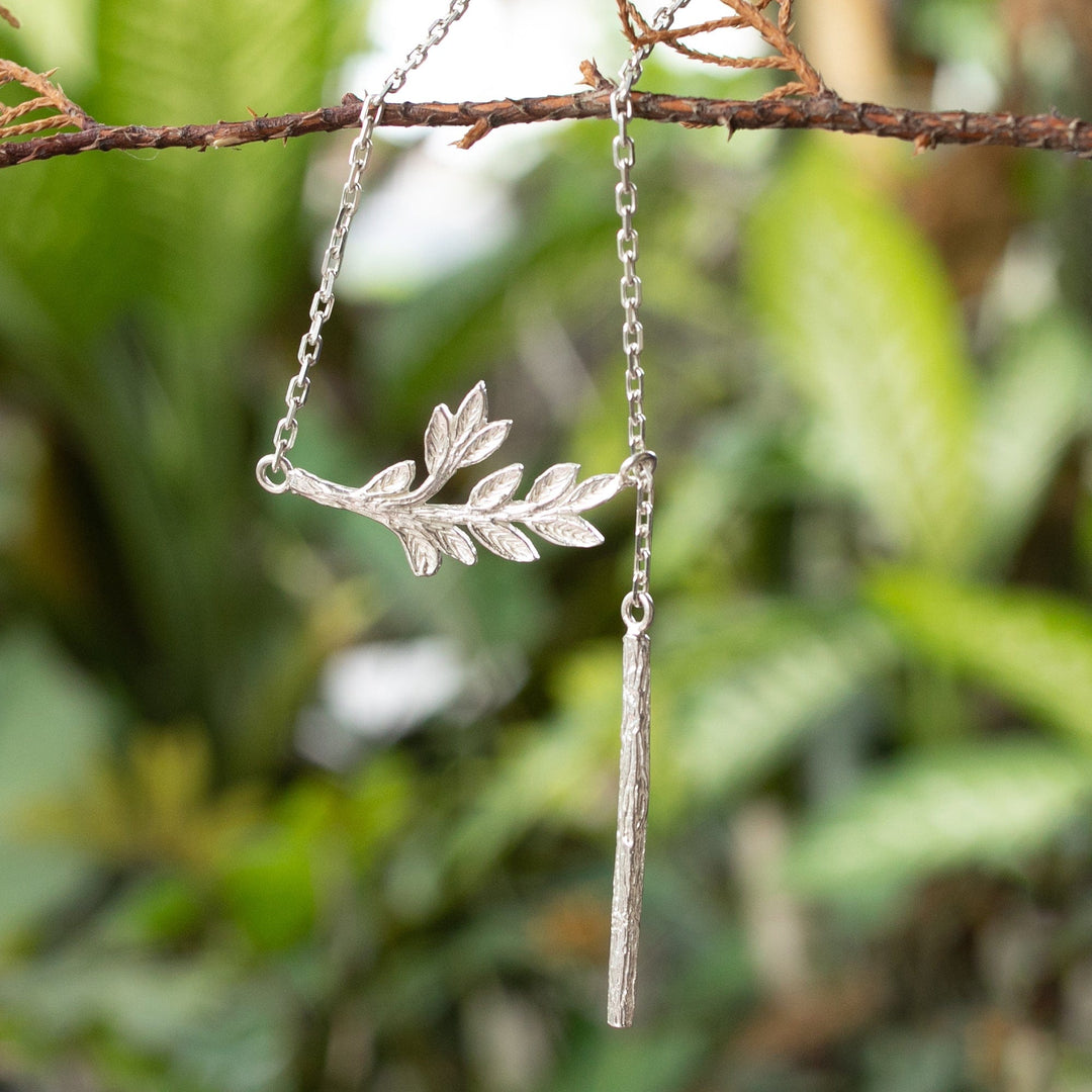 Nature-Themed Sterling Silver Pendant Y Necklace from Bali - Leaf of Divinity