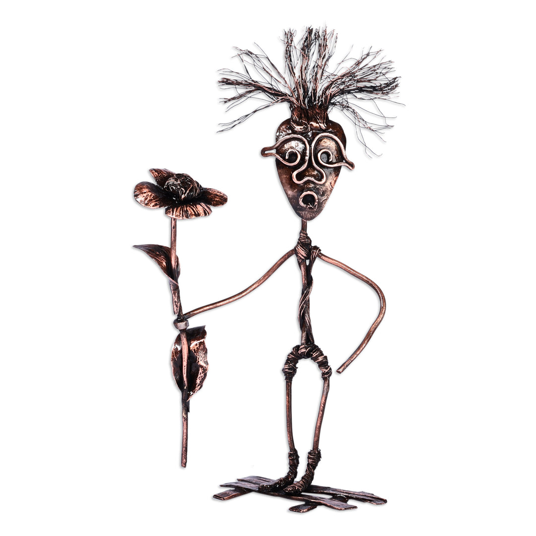 Surrealist Oxidized Copper Sculpture of Man and Rose - Take the Rose
