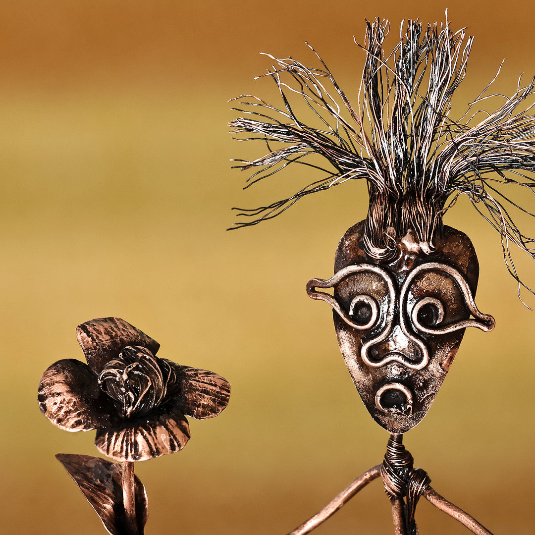 Surrealist Oxidized Copper Sculpture of Man and Rose - Take the Rose