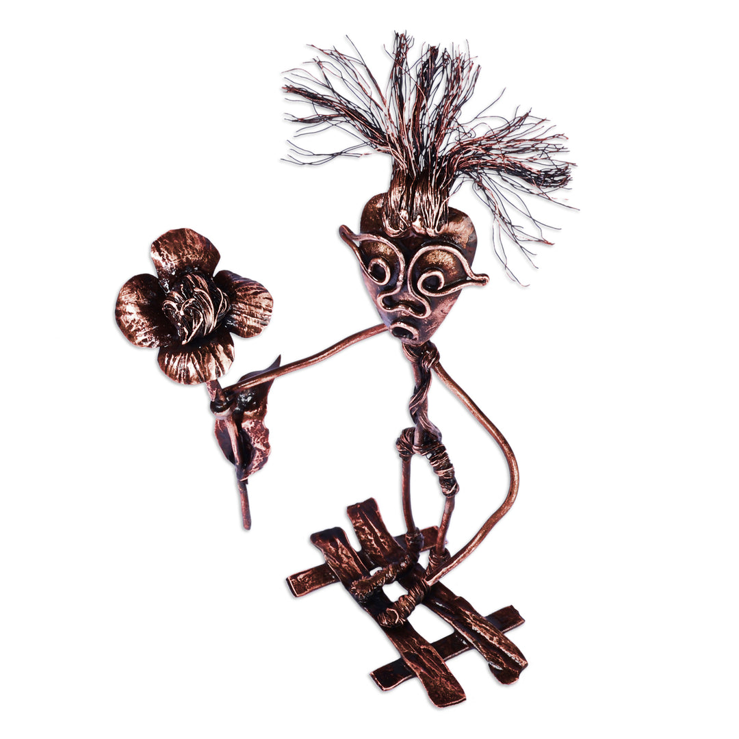 Surrealist Oxidized Copper Sculpture of Man and Rose - Take the Rose