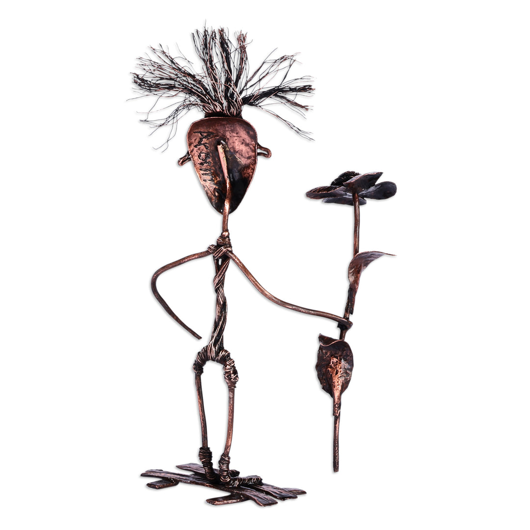 Surrealist Oxidized Copper Sculpture of Man and Rose - Take the Rose