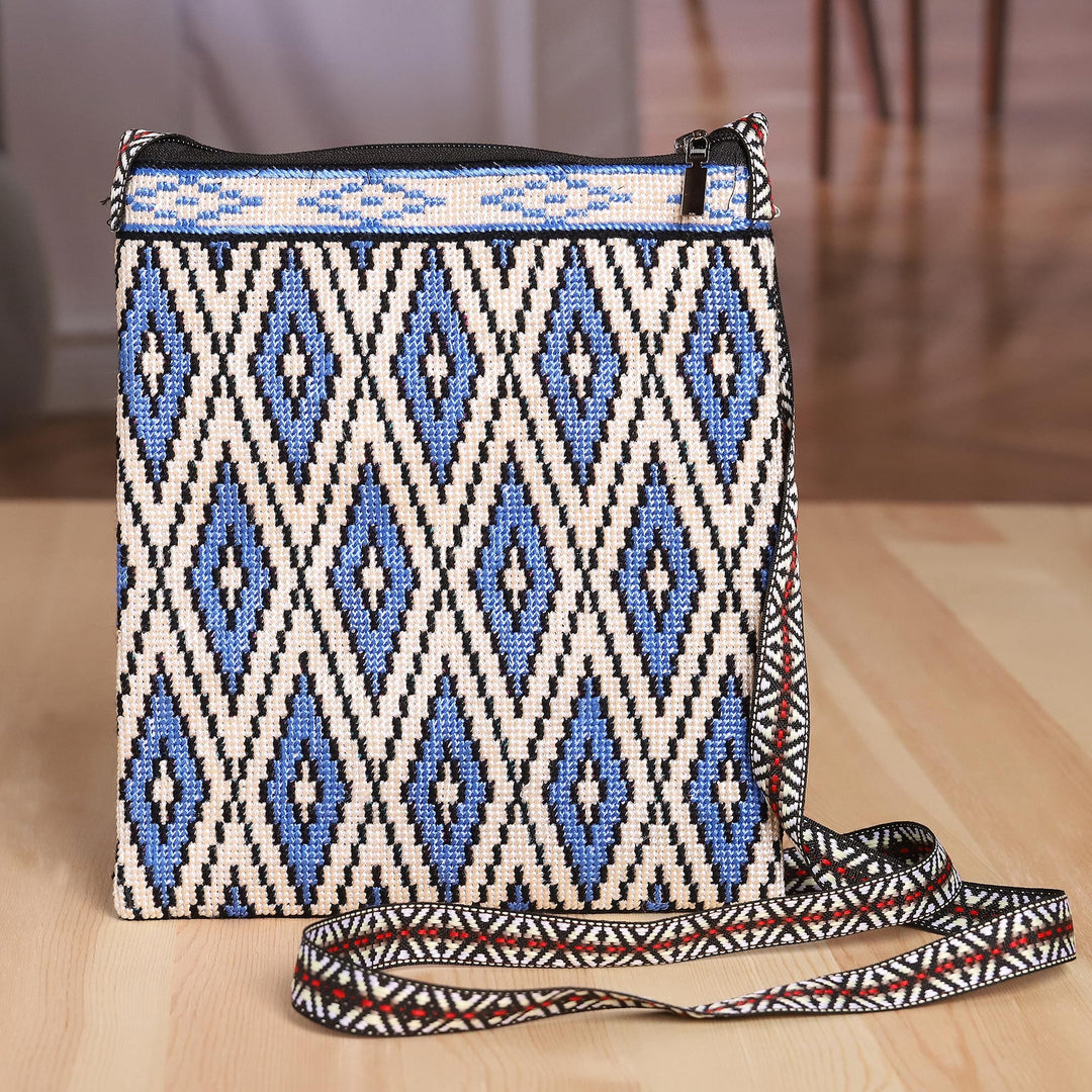 Cotton Sling Bag with Ikat-Themed Embroidery and Leaf Motifs - Ikat Fashion