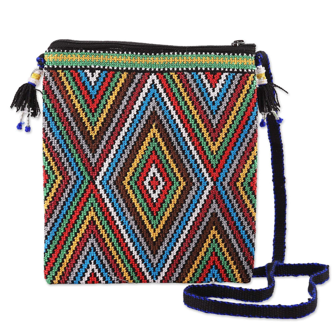 Embroidered Ikat-Themed Cotton Sling Bag with Striped Back - Ikat Rainbow