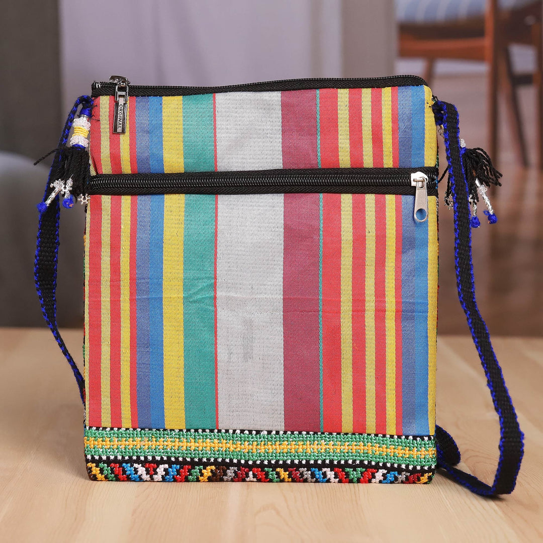 Embroidered Ikat-Themed Cotton Sling Bag with Striped Back - Ikat Rainbow