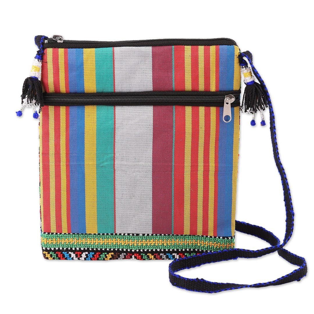 Embroidered Ikat-Themed Cotton Sling Bag with Striped Back - Ikat Rainbow