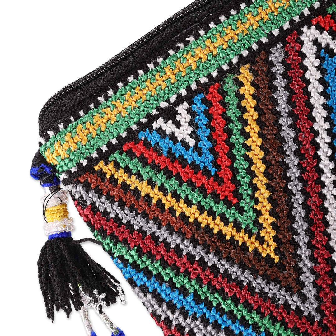 Embroidered Ikat-Themed Cotton Sling Bag with Striped Back - Ikat Rainbow