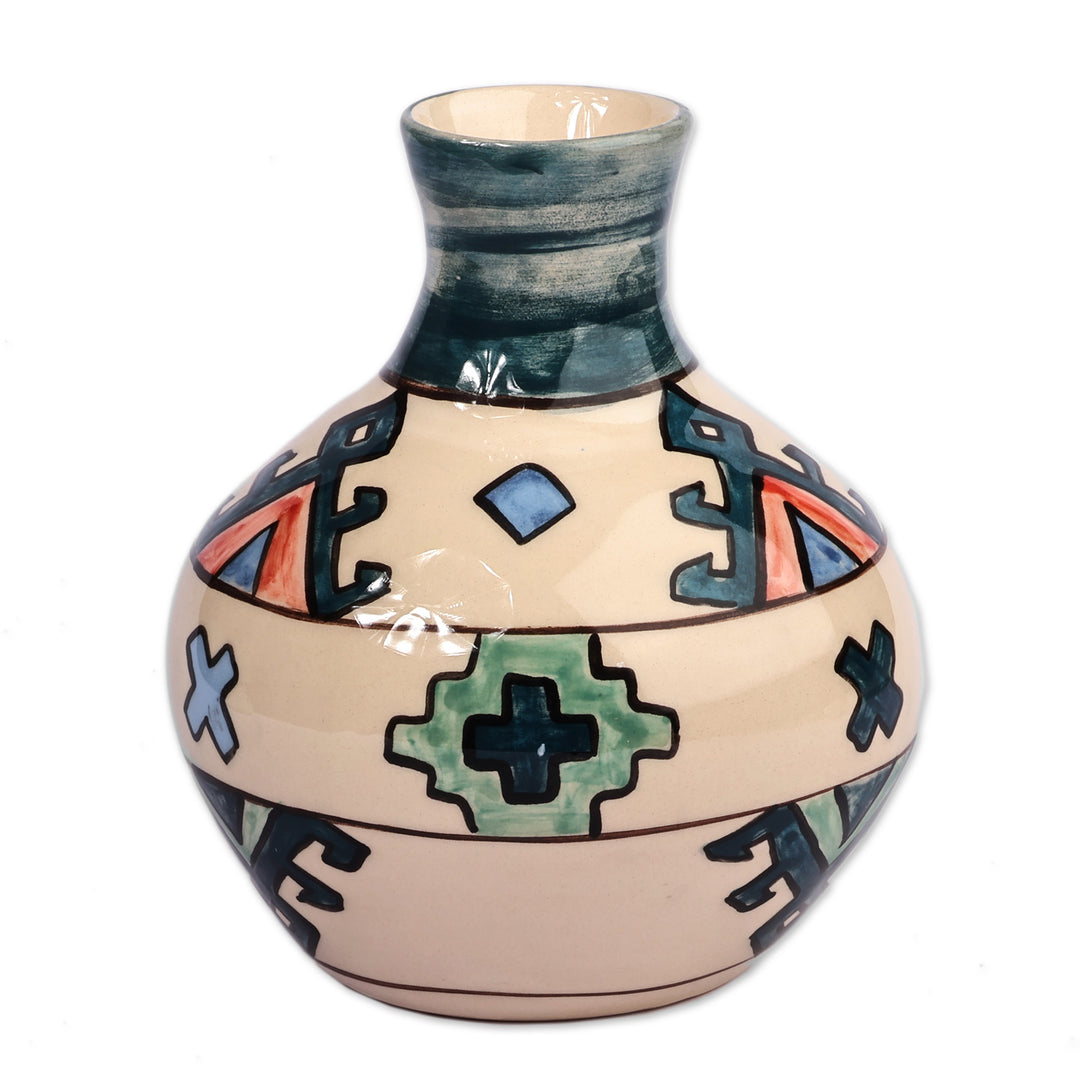 Traditional Patterned Green and Ivory Ceramic Vase - Majestic Artsakh