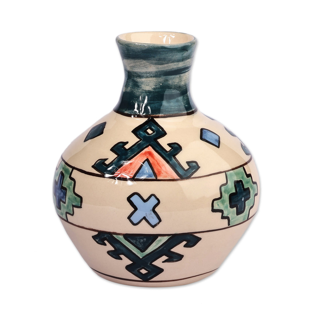 Traditional Patterned Green and Ivory Ceramic Vase - Majestic Artsakh