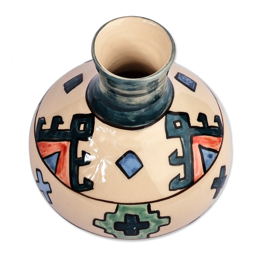 Traditional Patterned Green and Ivory Ceramic Vase - Majestic Artsakh