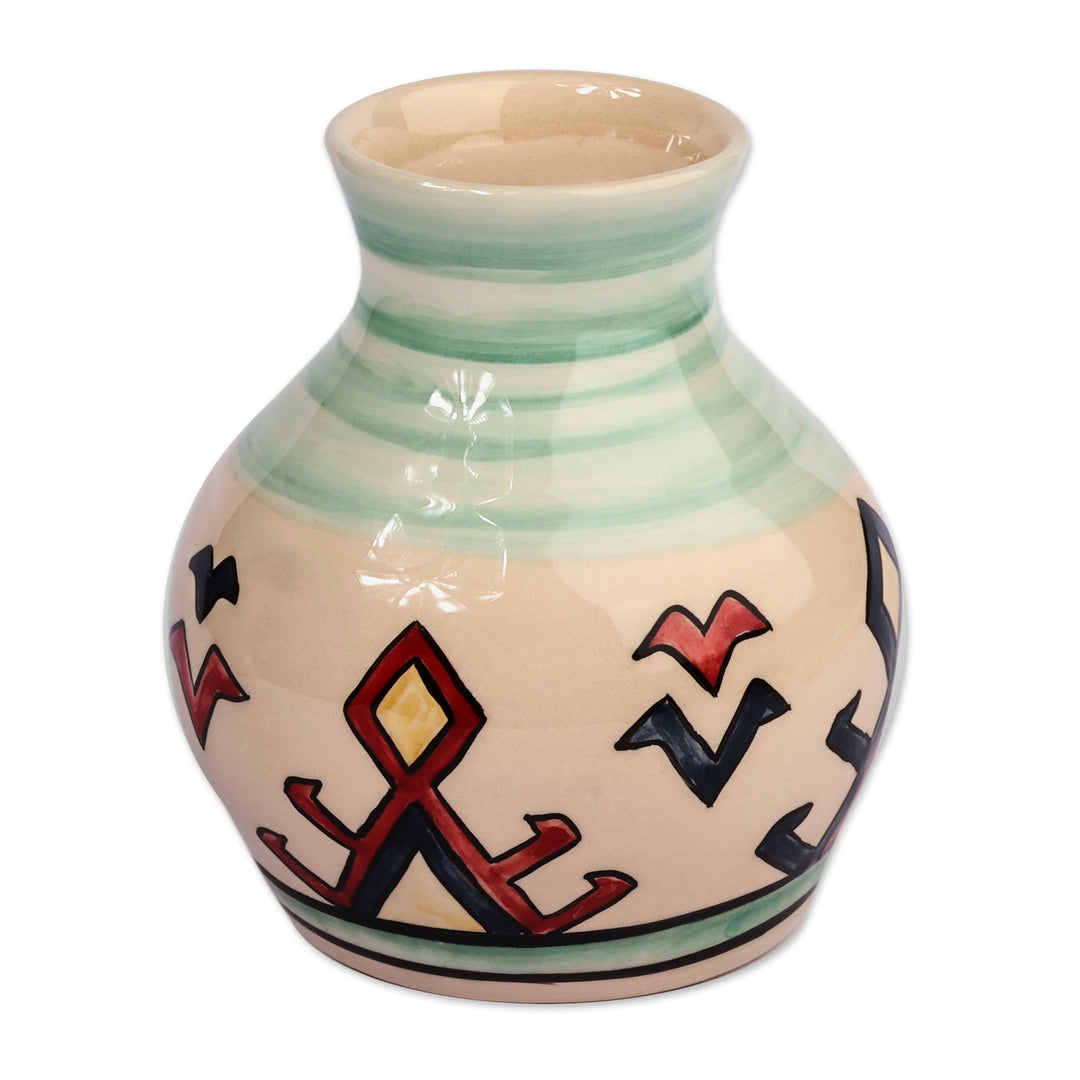 Handcrafted Classic Patterned Green and Ivory Ceramic Vase - Infinite Heritage