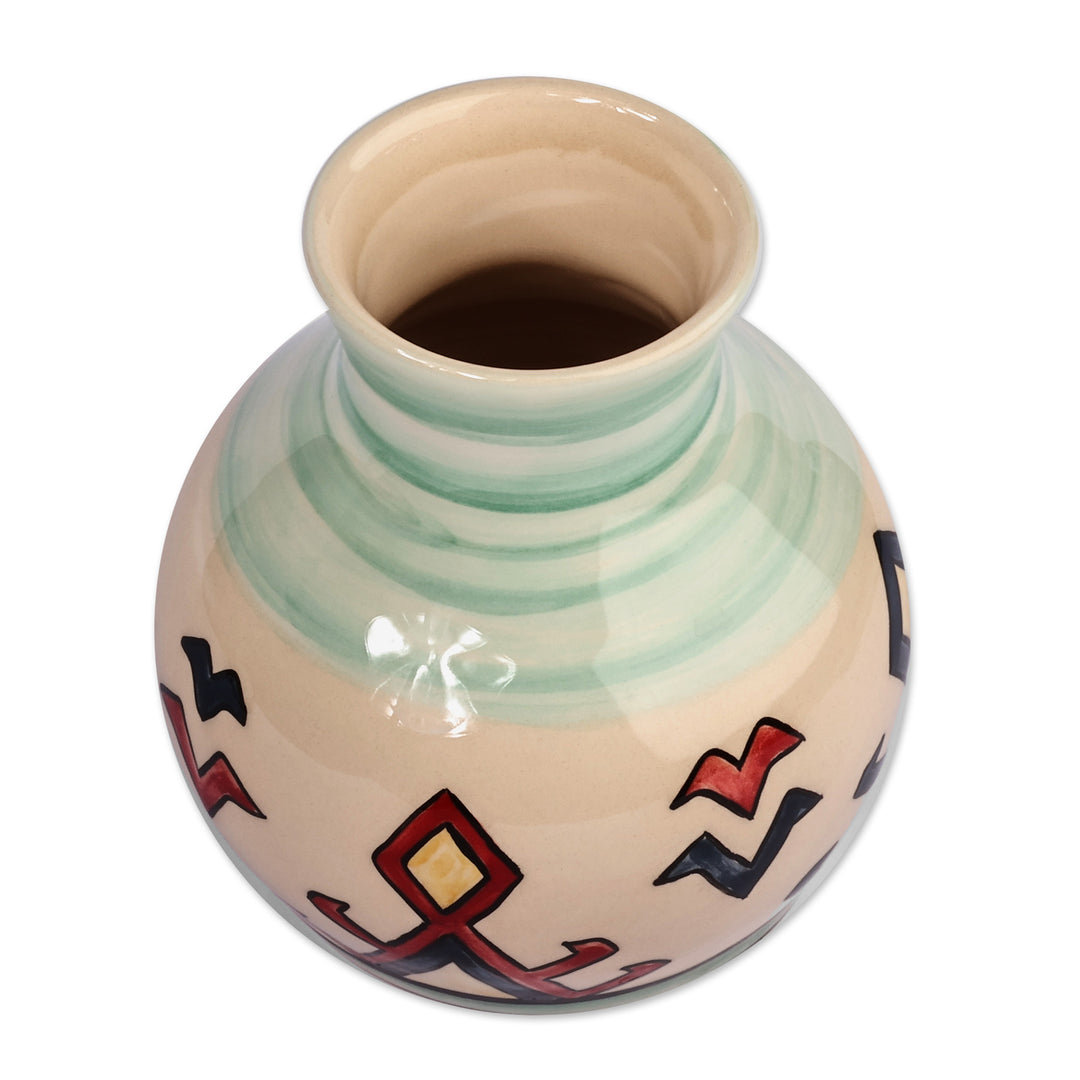 Handcrafted Classic Patterned Green and Ivory Ceramic Vase - Infinite Heritage