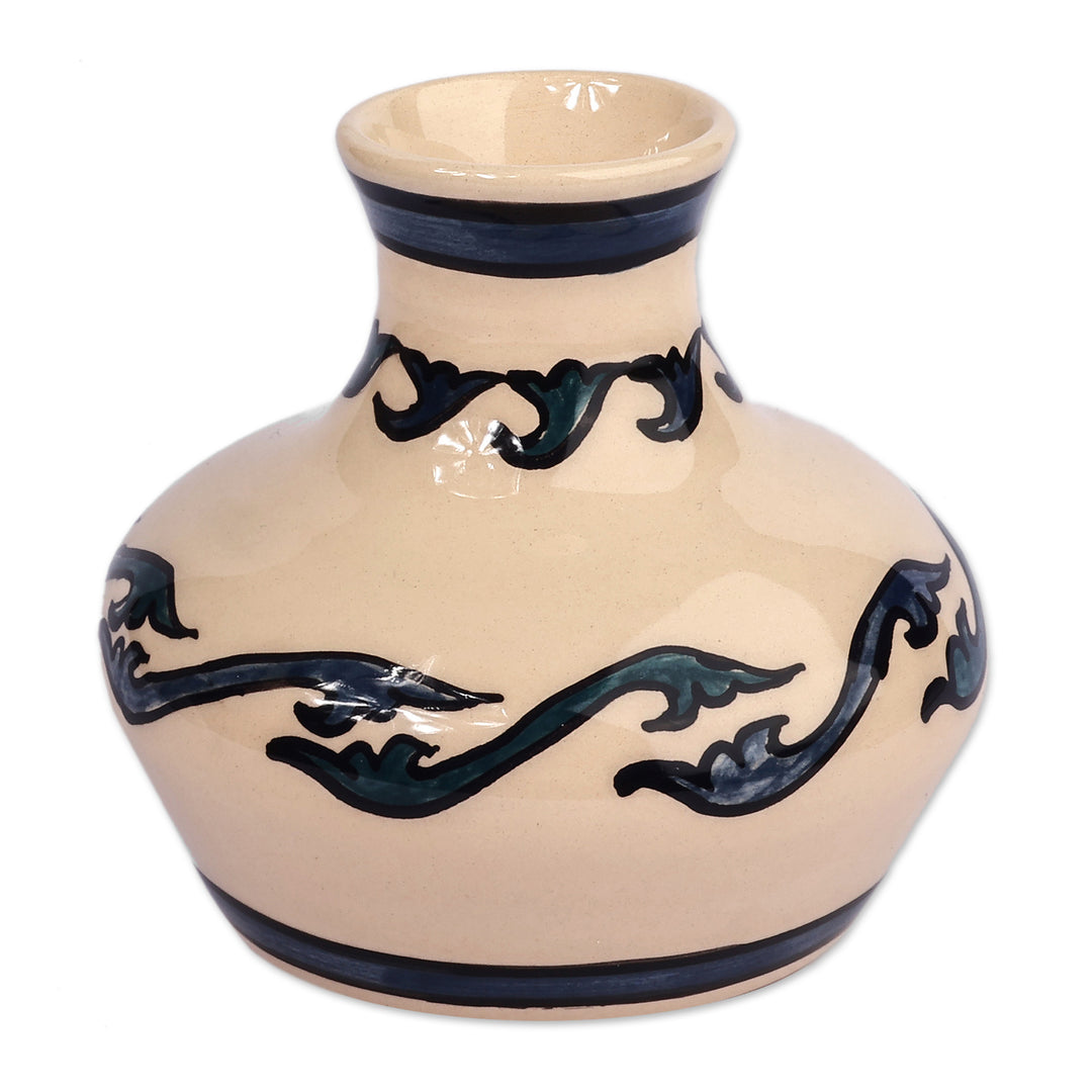 Classic Leafy Azure and Ivory Ceramic Mini Vase from Armenia - Harmony in Azure