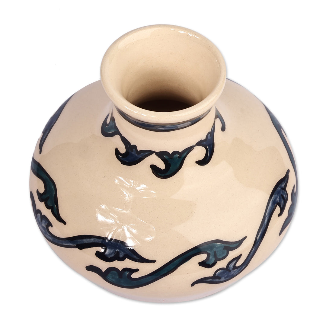 Classic Leafy Azure and Ivory Ceramic Mini Vase from Armenia - Harmony in Azure