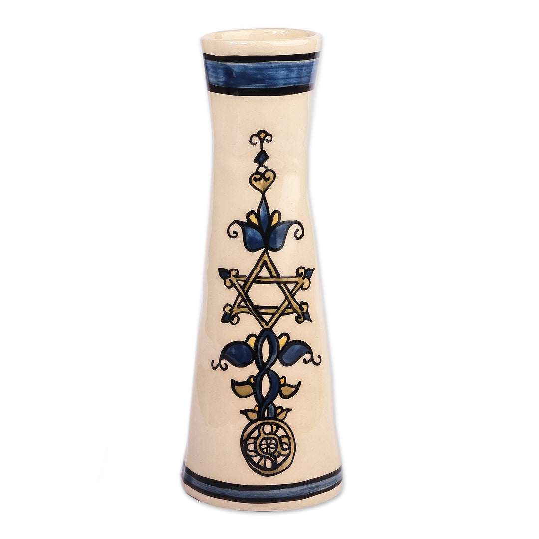 Classic Floral-Themed Glossy Blue and Ivory Ceramic Vase - Blue Enchant