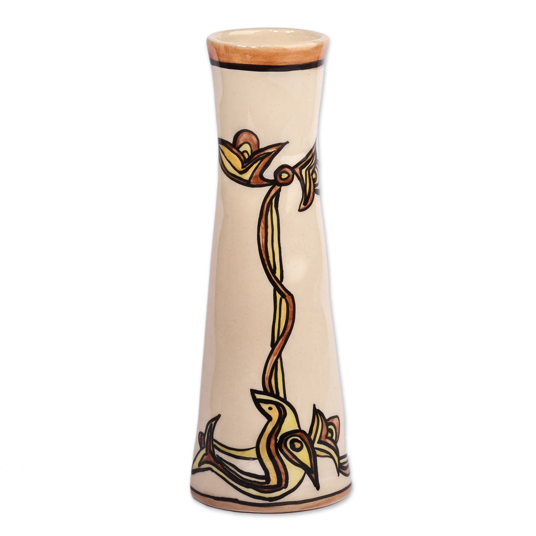 Classic Bird-Themed Glossy Yellow and Ivory Ceramic Vase - Yellow Enchant