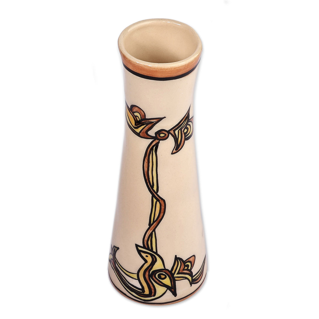 Classic Bird-Themed Glossy Yellow and Ivory Ceramic Vase - Yellow Enchant
