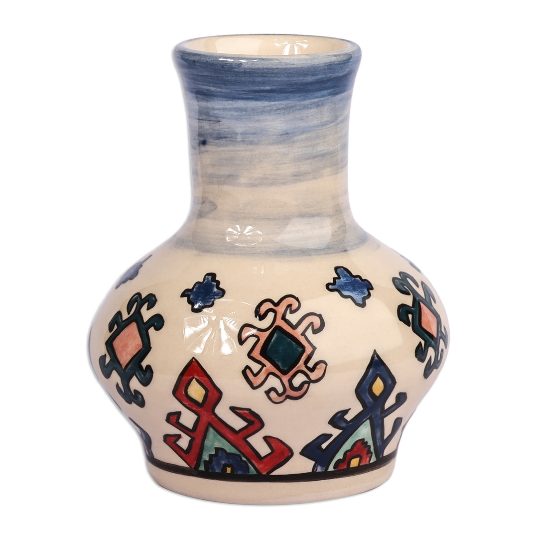 Traditional Patterned Ivory and Blue Ceramic Mini Vase - Serene Legacy