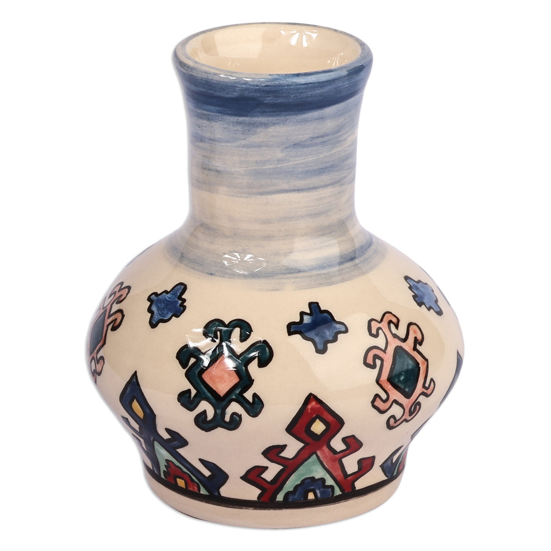 Traditional Patterned Ivory and Blue Ceramic Mini Vase - Serene Legacy