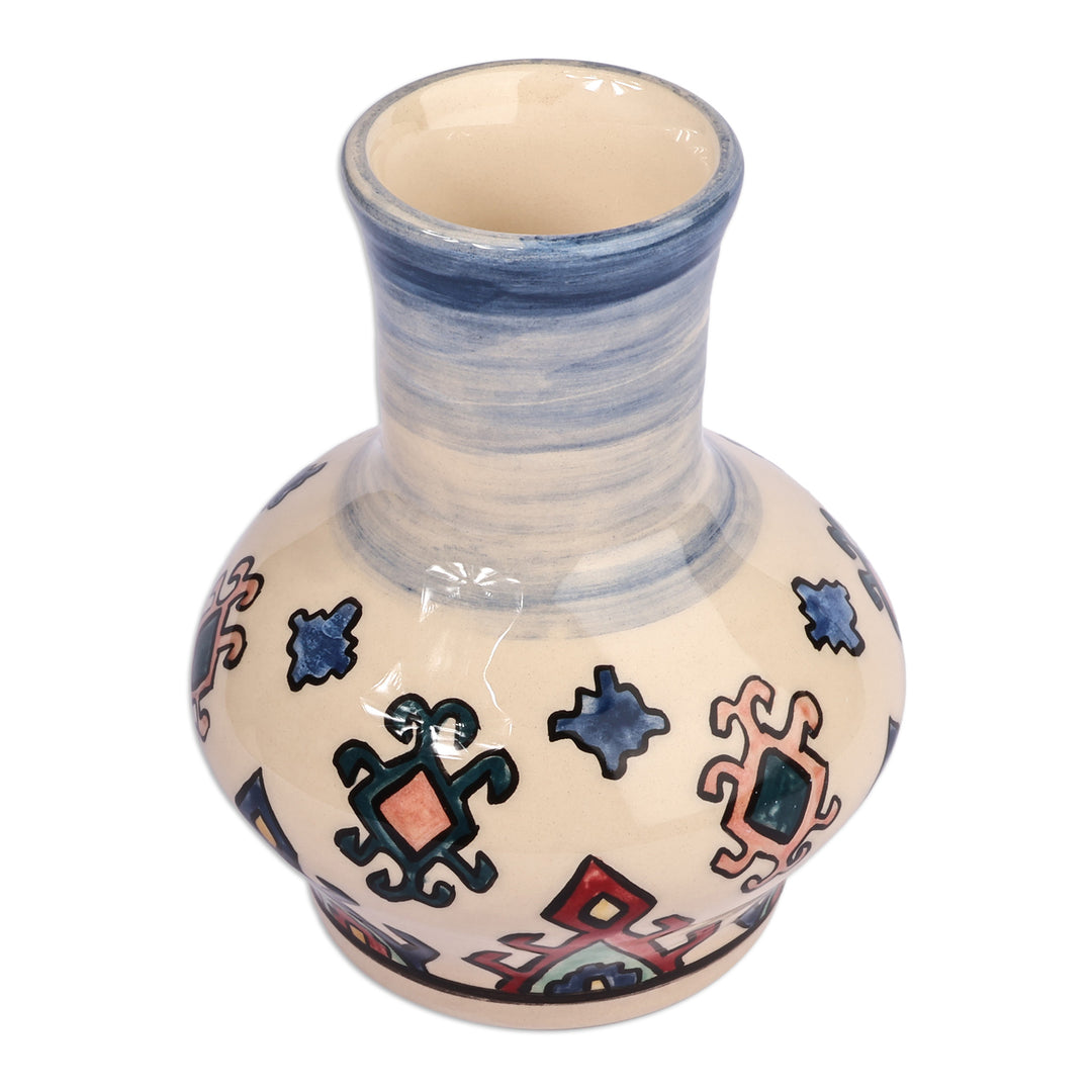 Traditional Patterned Ivory and Blue Ceramic Mini Vase - Serene Legacy