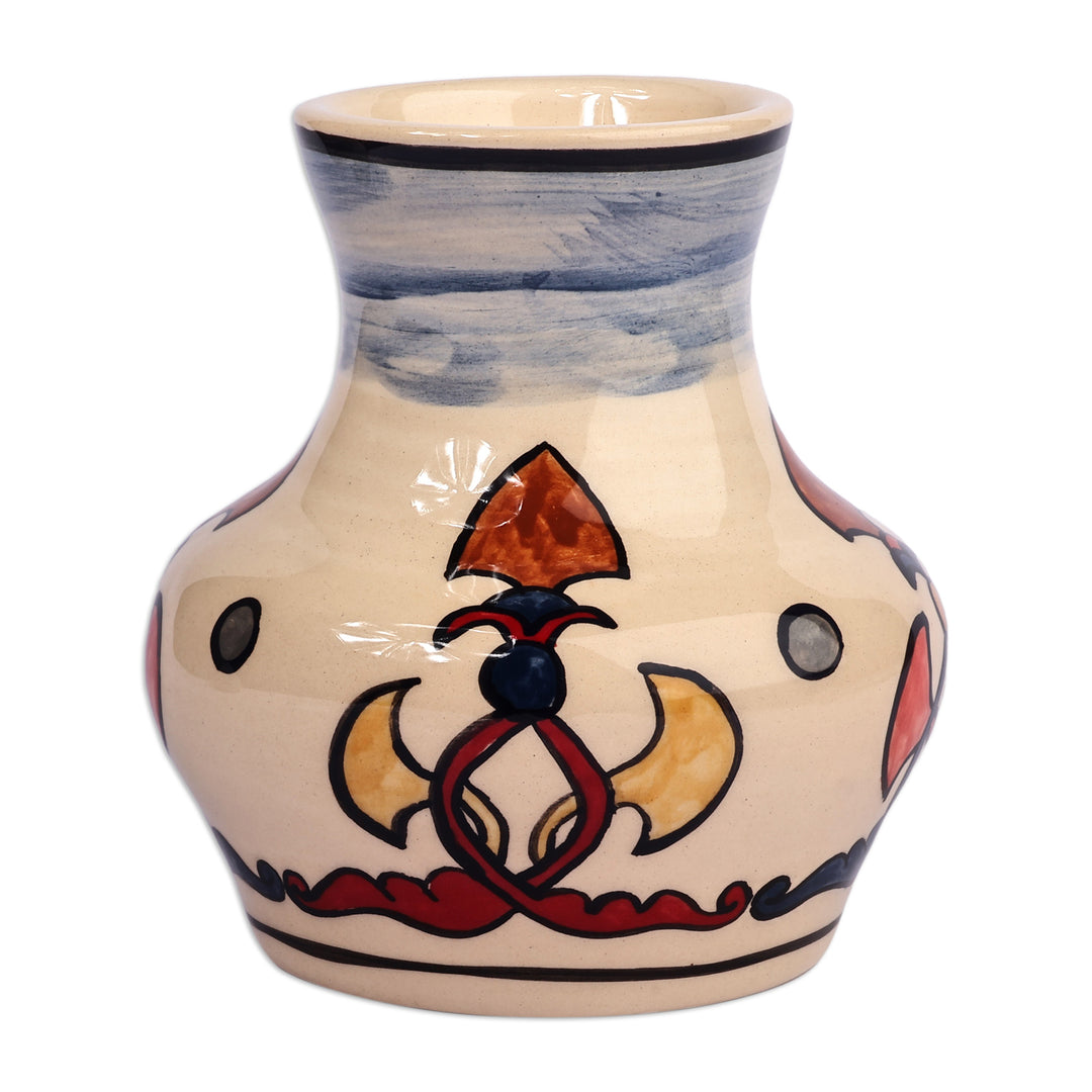 Classic Patterned Painted Ivory and Blue Ceramic Mini Vase - Serene Regality