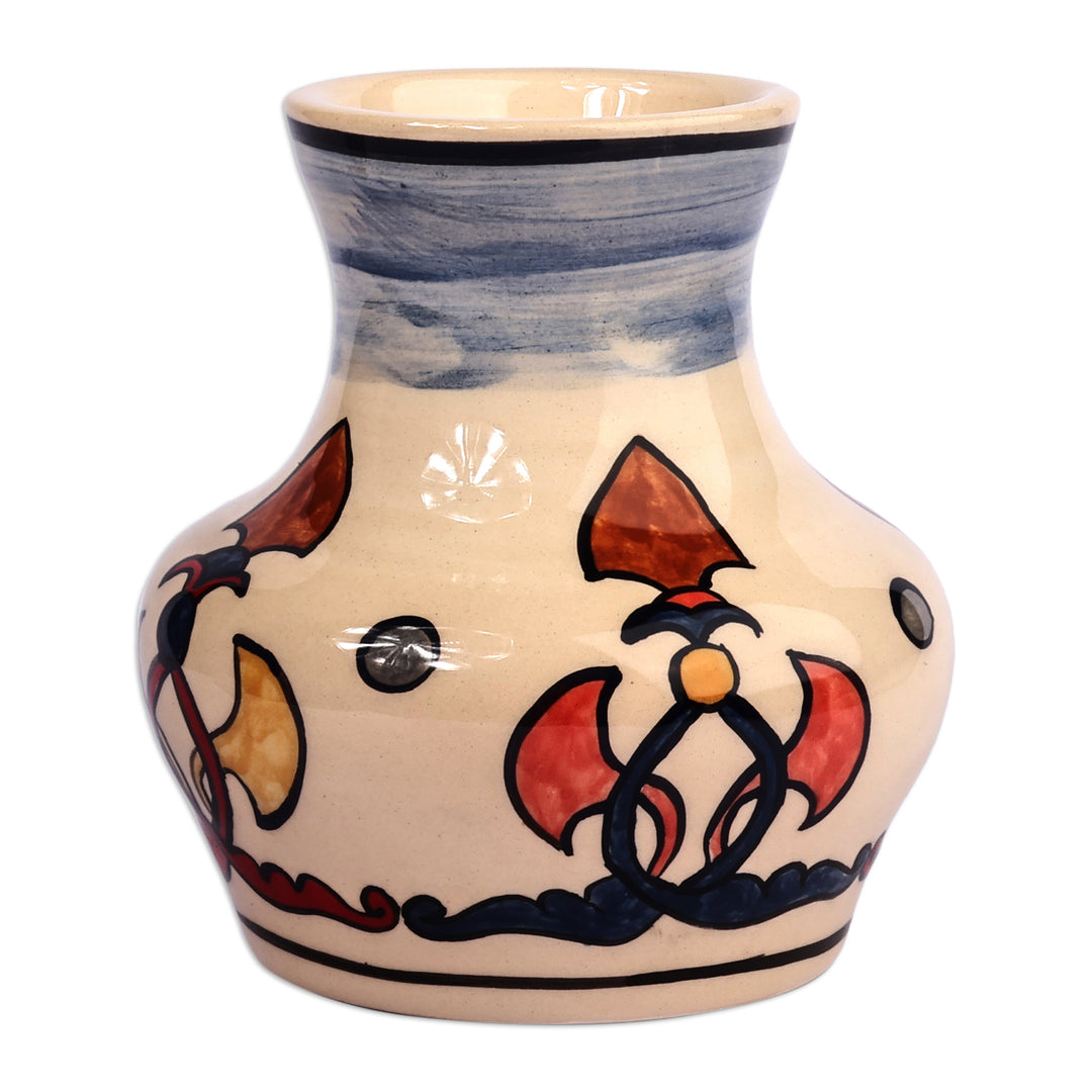 Classic Patterned Painted Ivory and Blue Ceramic Mini Vase - Serene Regality