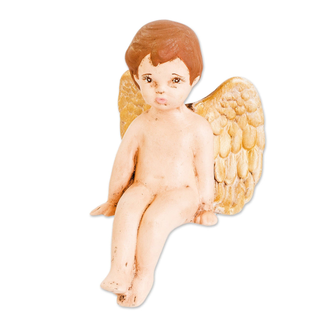 Hand-Painted Golden Ceramic Sculpture of Little Angel - Cherub of Peace