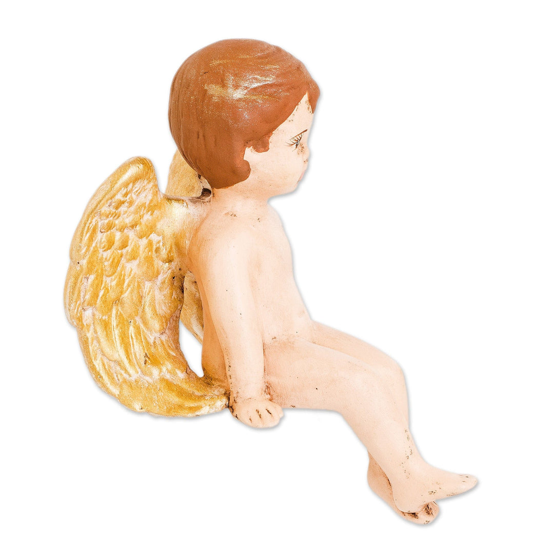 Hand-Painted Golden Ceramic Sculpture of Little Angel - Cherub of Peace