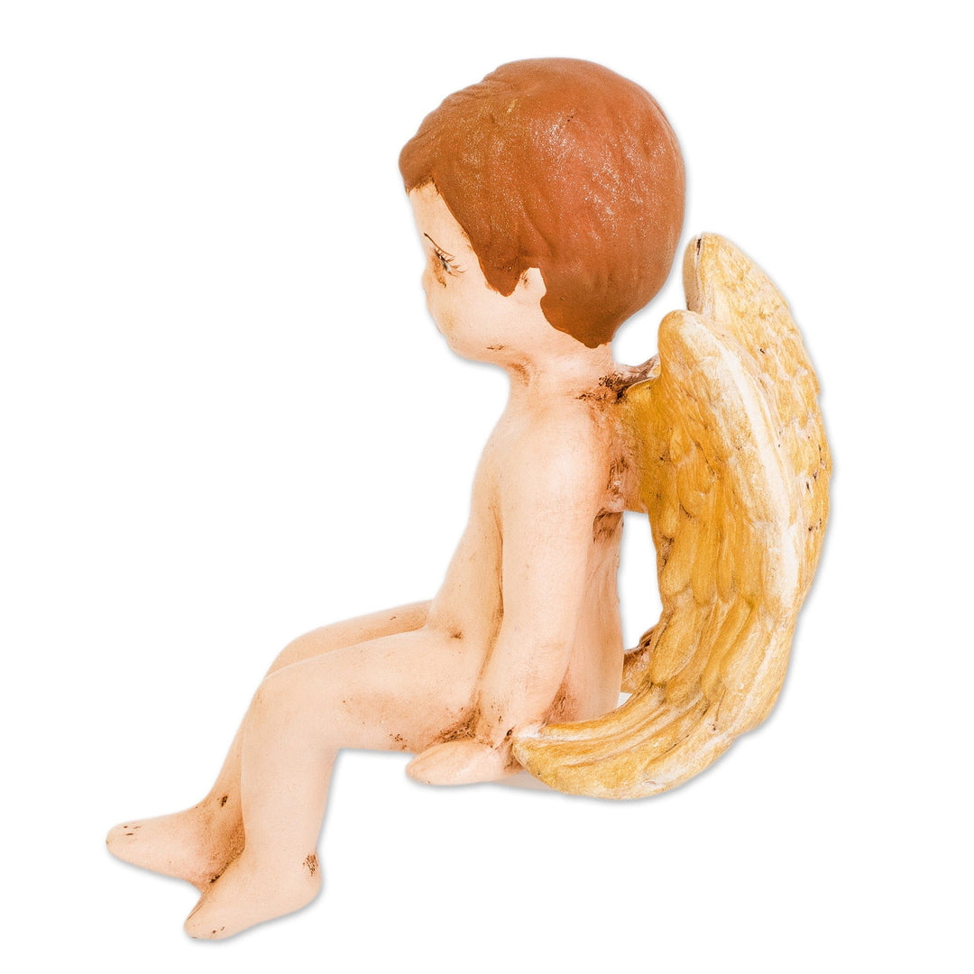 Hand-Painted Golden Ceramic Sculpture of Little Angel - Cherub of Peace