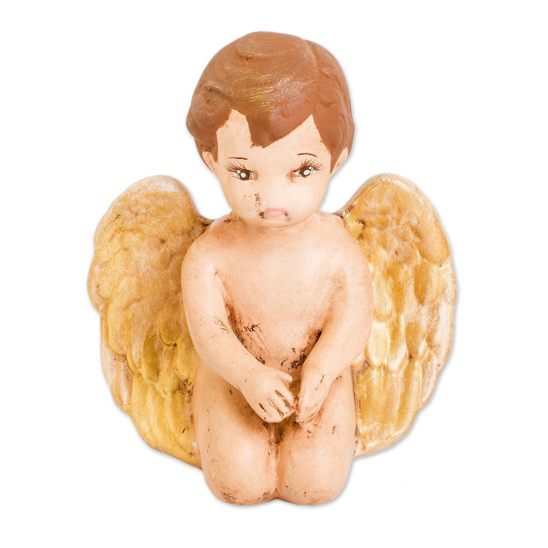 Hand-Painted Golden Ceramic Sculpture of Little Cherub - Cherub of Protection
