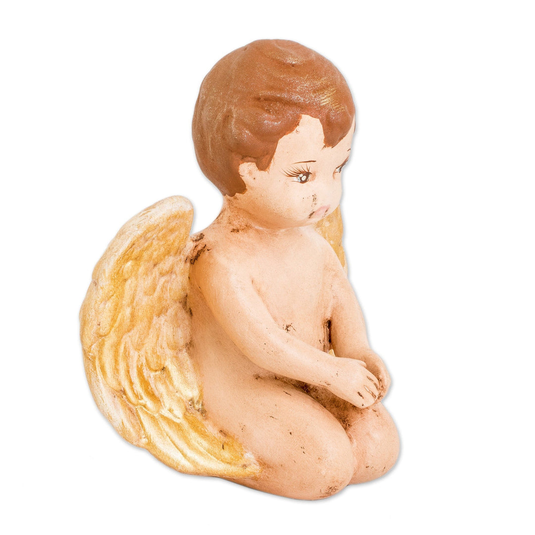 Hand-Painted Golden Ceramic Sculpture of Little Cherub - Cherub of Protection