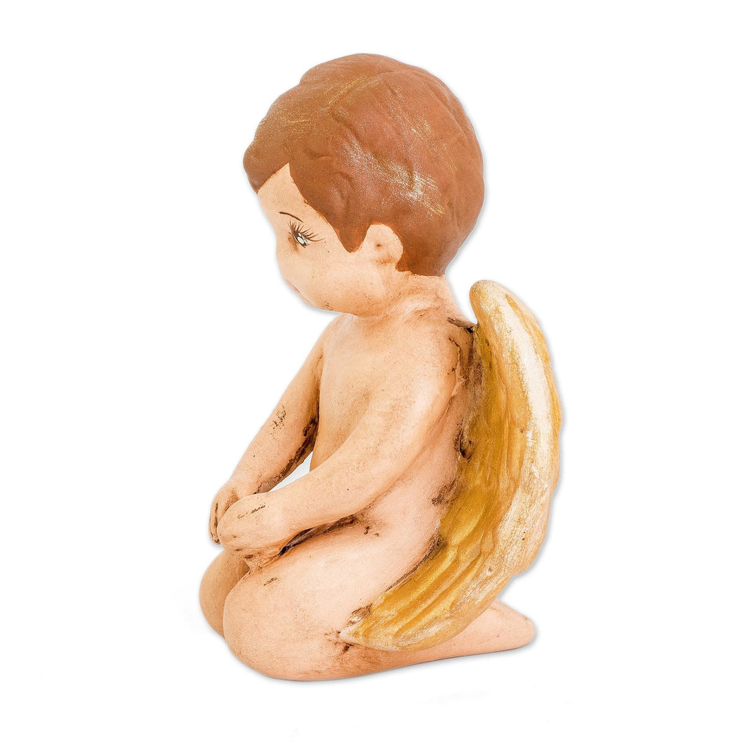 Hand-Painted Golden Ceramic Sculpture of Little Cherub - Cherub of Protection