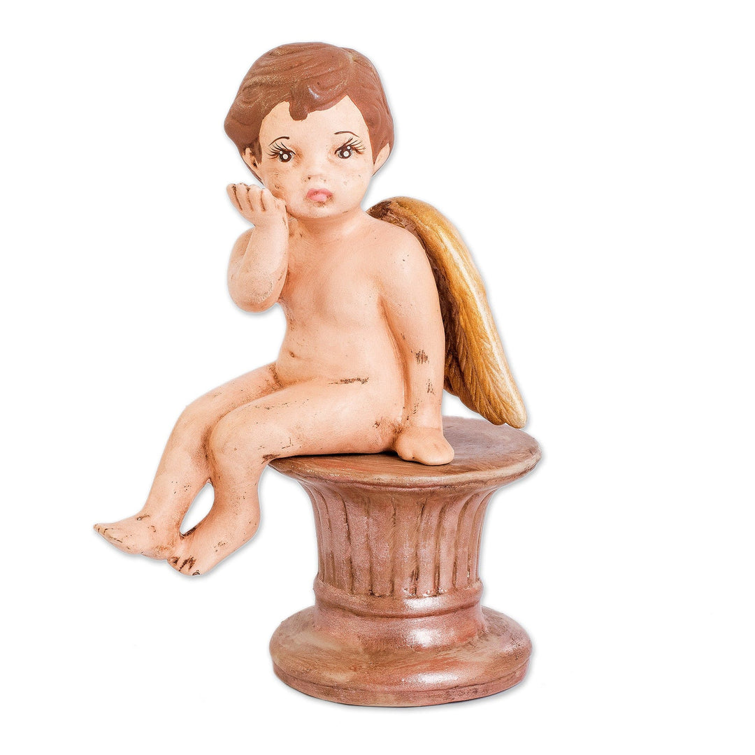 Hand-Painted Golden Ceramic Sculpture of Playful Cherub - Cherub of Kindness