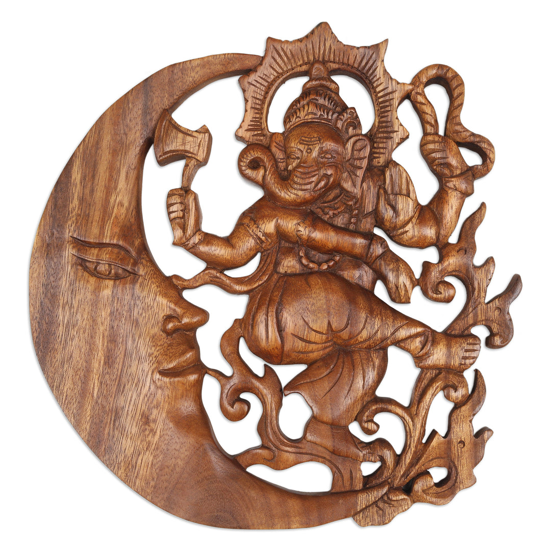 Hand-Carved Ganesha and Moon Suar Wood Relief Panel - Lunar Ganesha