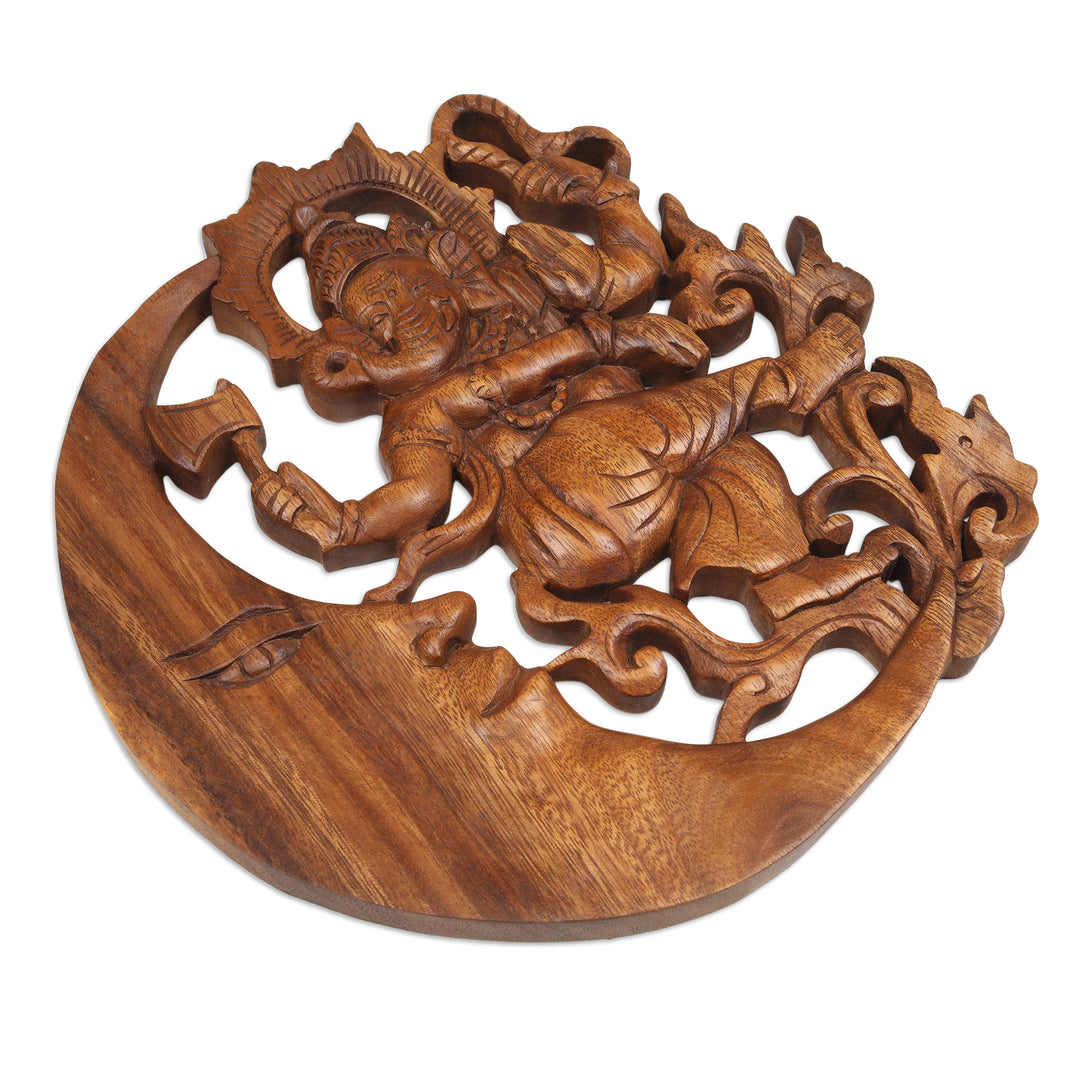 Hand-Carved Ganesha and Moon Suar Wood Relief Panel - Lunar Ganesha