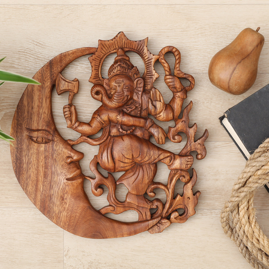 Hand-Carved Ganesha and Moon Suar Wood Relief Panel - Lunar Ganesha