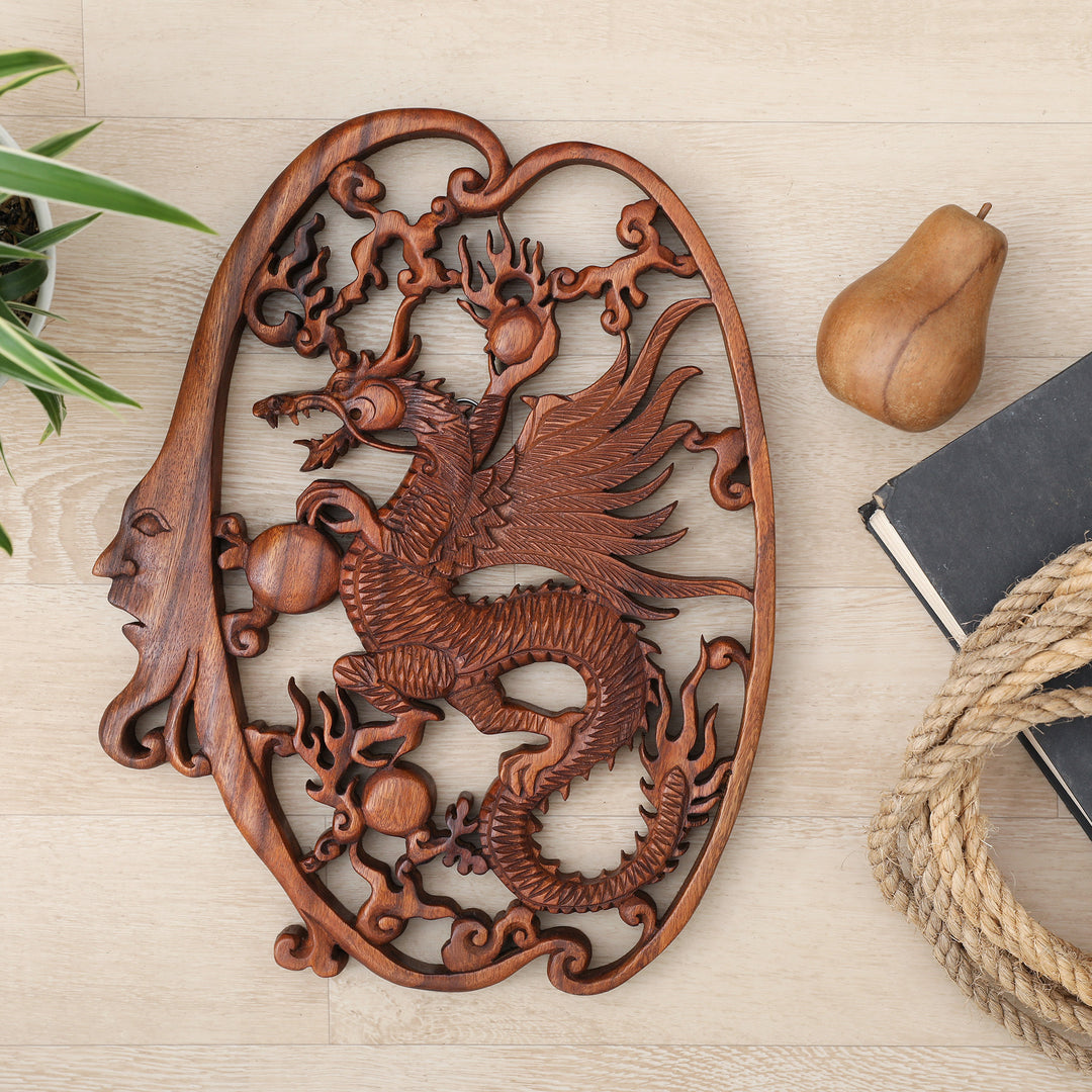 Hand-Carved Classic Suar Wood Moon and Dragon Relief Panel - Regal Dragon