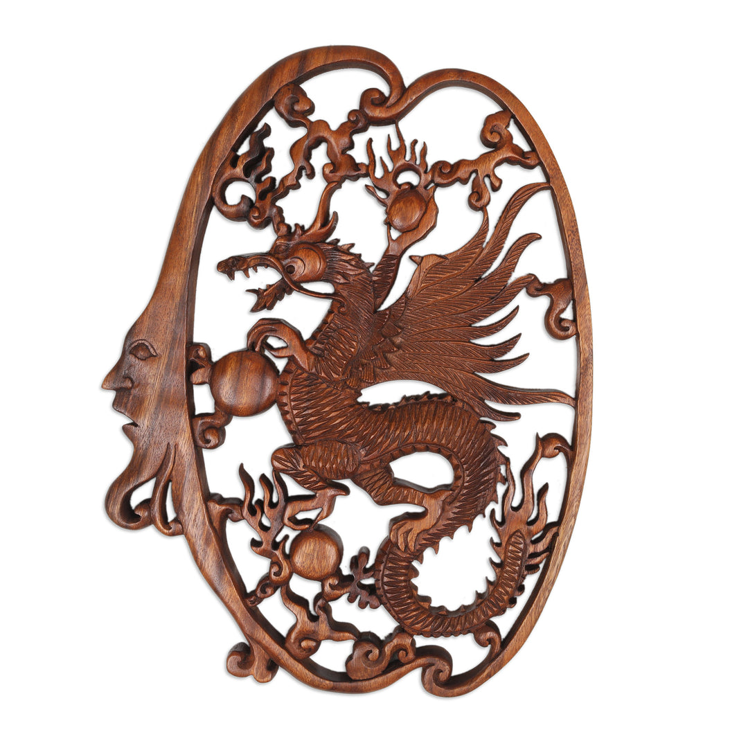 Hand-Carved Classic Suar Wood Moon and Dragon Relief Panel - Regal Dragon