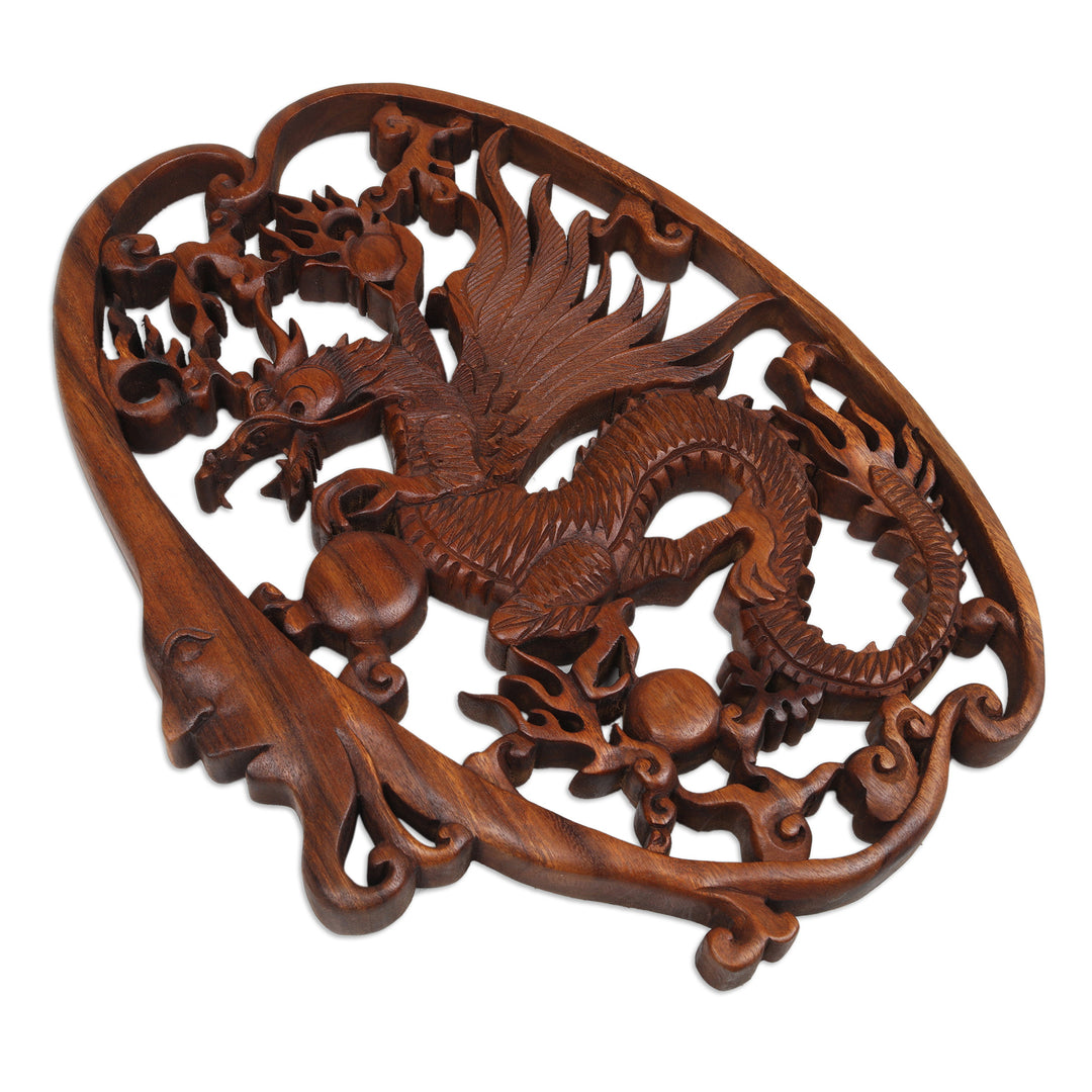 Hand-Carved Classic Suar Wood Moon and Dragon Relief Panel - Regal Dragon