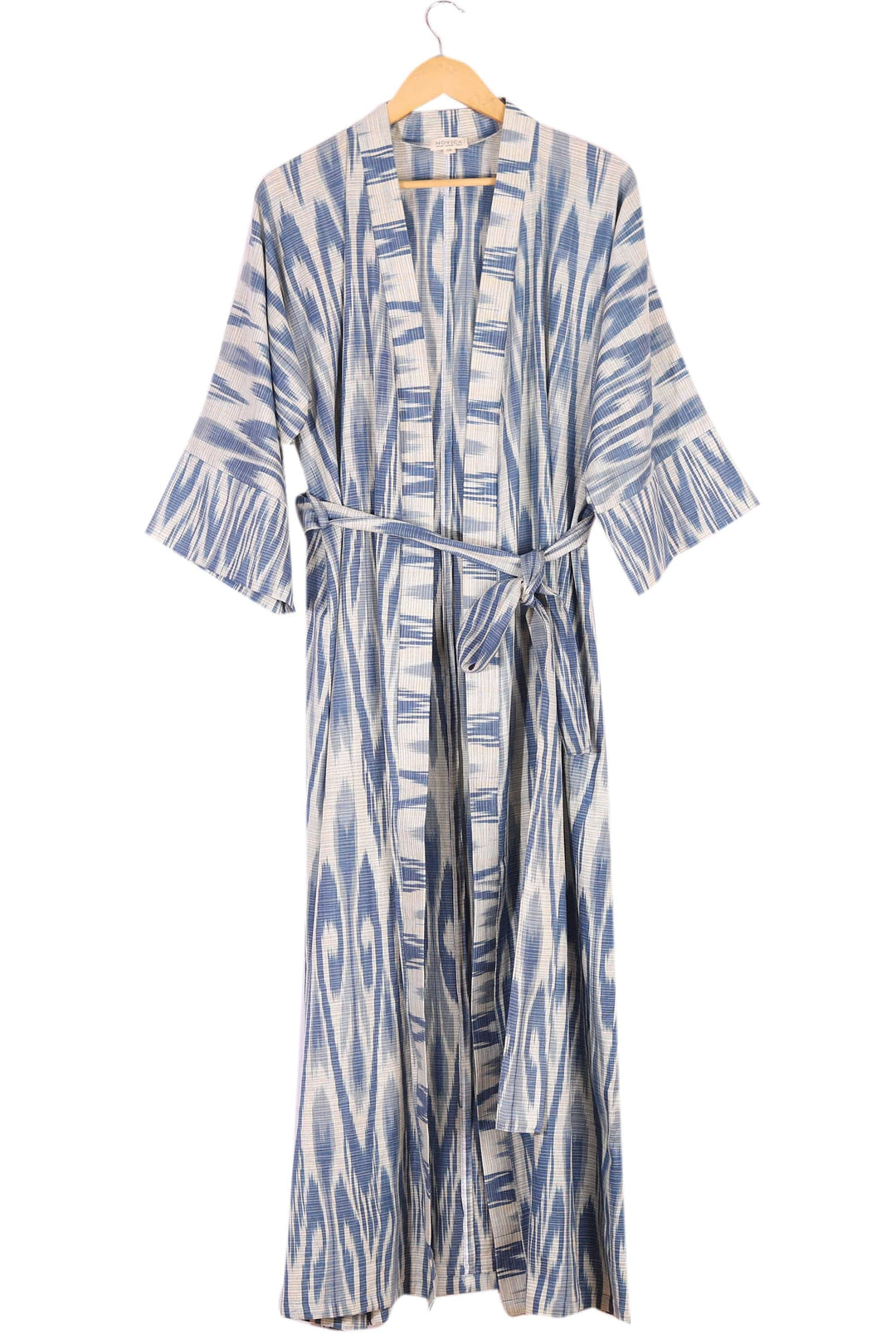 Handwoven 100% Cotton Robe with Blue and White Ikat Patterns - Samarkand Splendor