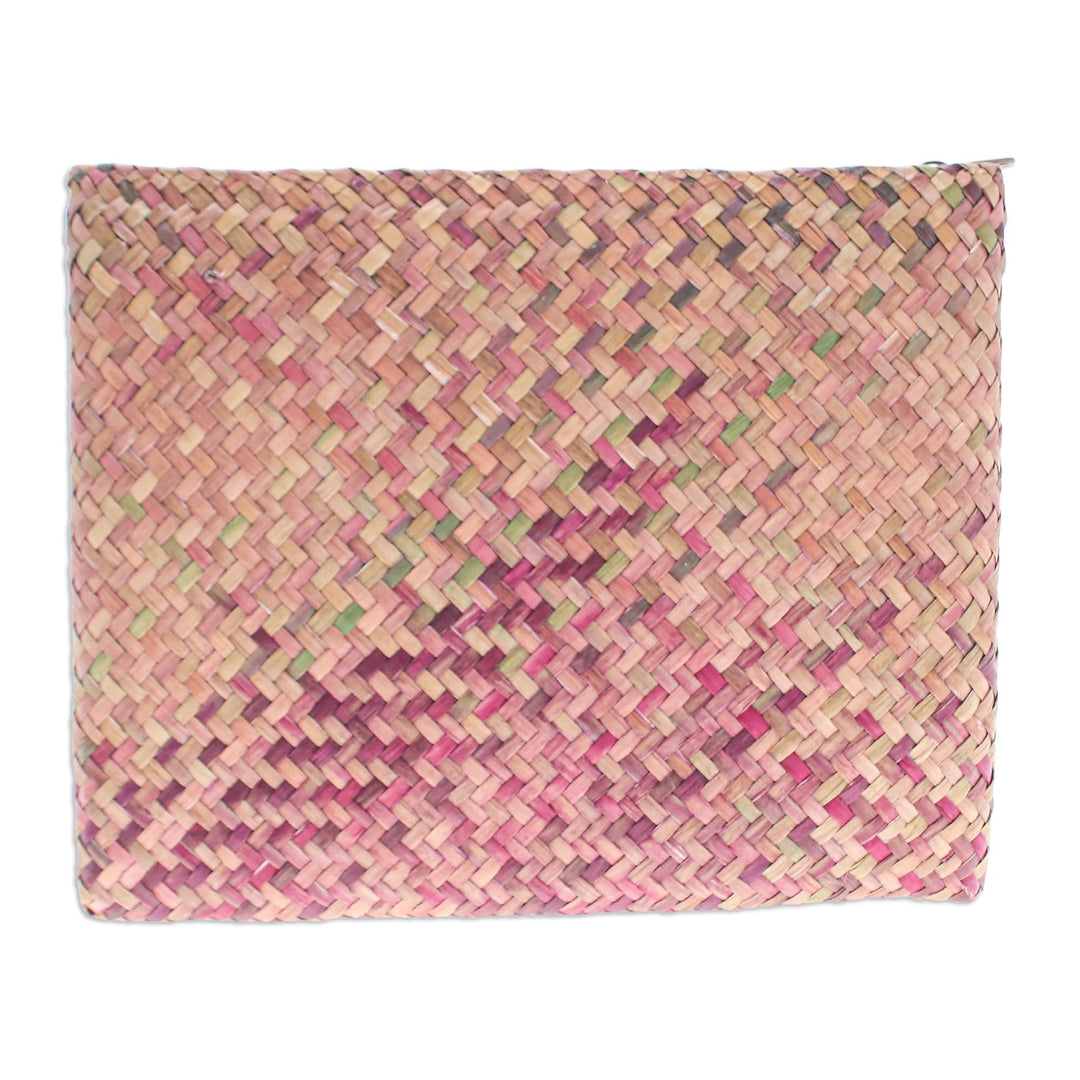 Handwoven Pink and Brown Natural Bulrush Reed Clutch - Natural Vitality