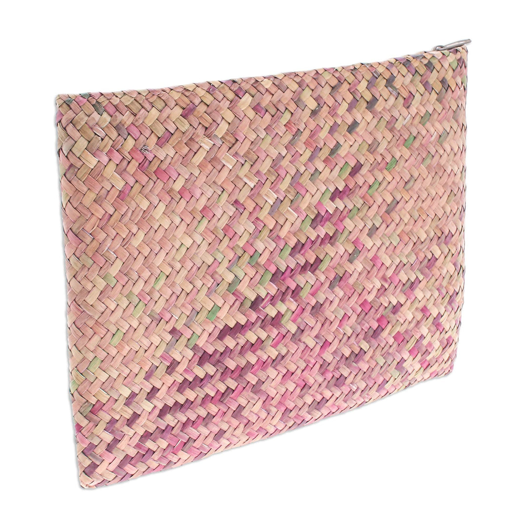 Handwoven Pink and Brown Natural Bulrush Reed Clutch - Natural Vitality
