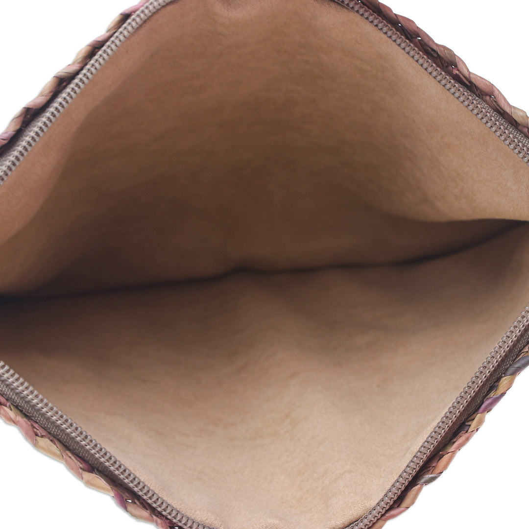 Handwoven Pink and Brown Natural Bulrush Reed Clutch - Natural Vitality