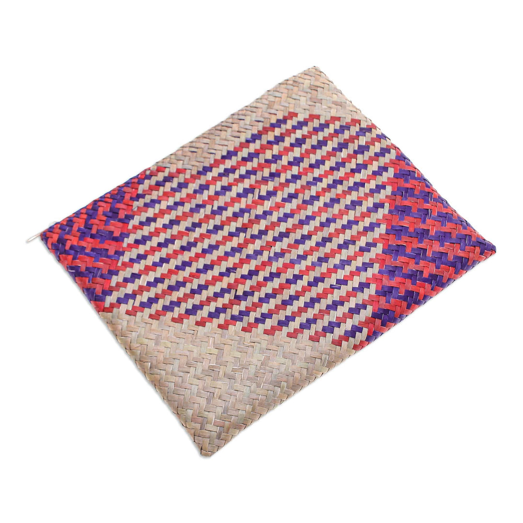 Handwoven Red and Blue Natural Bulrush Reed Clutch - Natural Uniqueness