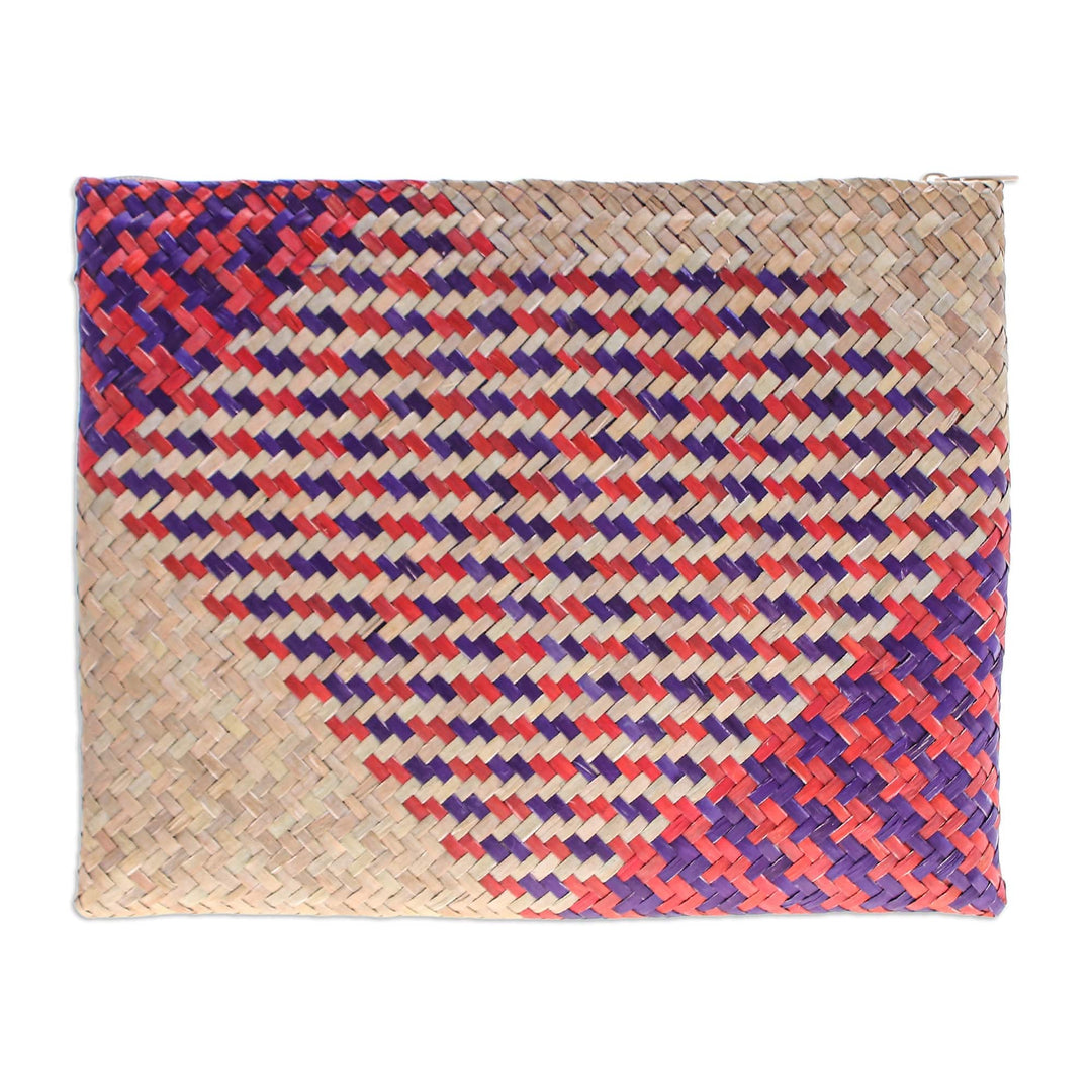 Handwoven Red and Blue Natural Bulrush Reed Clutch - Natural Uniqueness